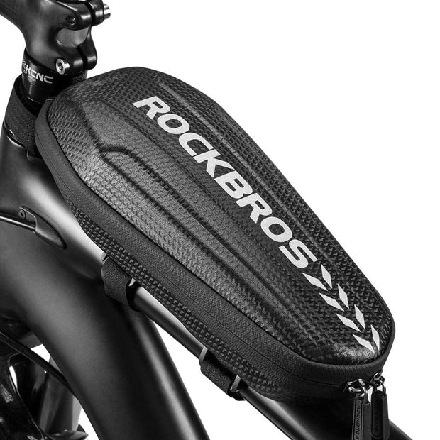 ROCKBROS hard shell bag mounted on a bicycle top tube, side view showing the carbon-pattern EVA shell
