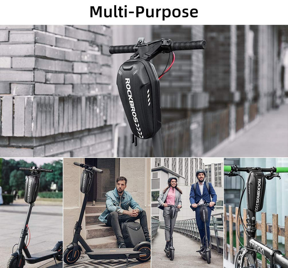 ROCKBROS hard shell bag multi-purpose collage: mounted on scooter stem and bike frames