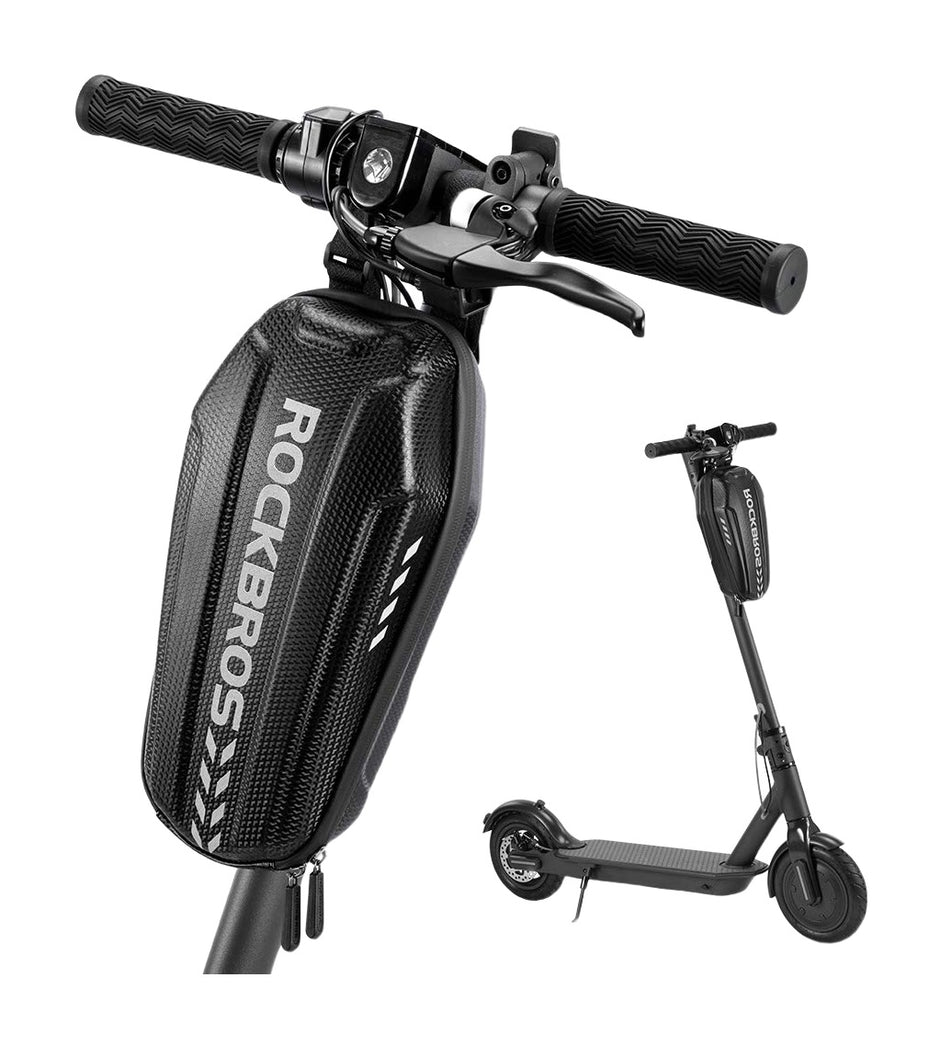 ROCKBROS B62 hard shell bag mounted on an electric scooter stem, white background with full scooter view