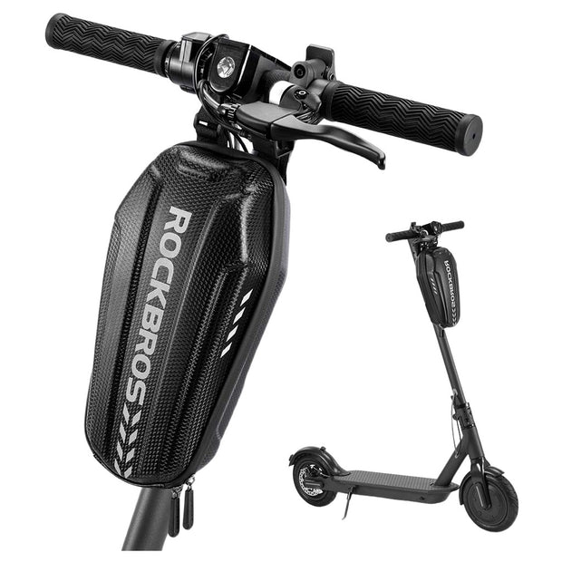 ROCKBROS B62 hard shell bag mounted on an electric scooter stem, white background with full scooter view