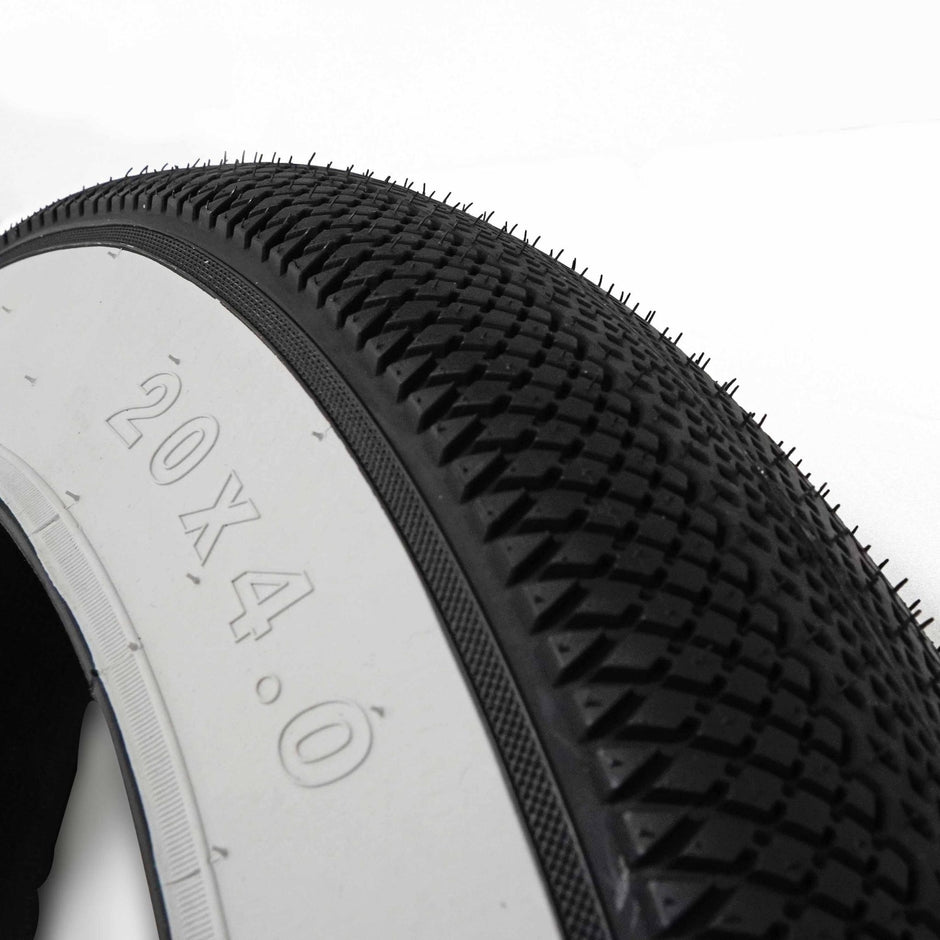 Vee Tire Co. E-Speedster 20 x 4.0 white wall fat tire sidewall close-up with size marking