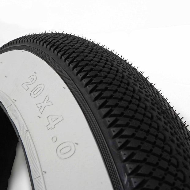 Vee Tire Co. E-Speedster 20 x 4.0 white wall fat tire sidewall close-up with size marking