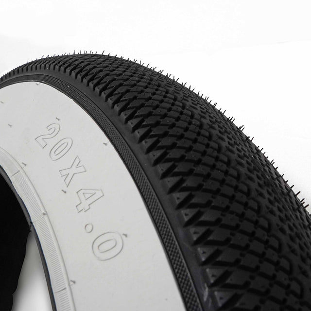 Vee Tire Co. E-Speedster 20 x 4.0 white wall fat tire sidewall close-up with size marking