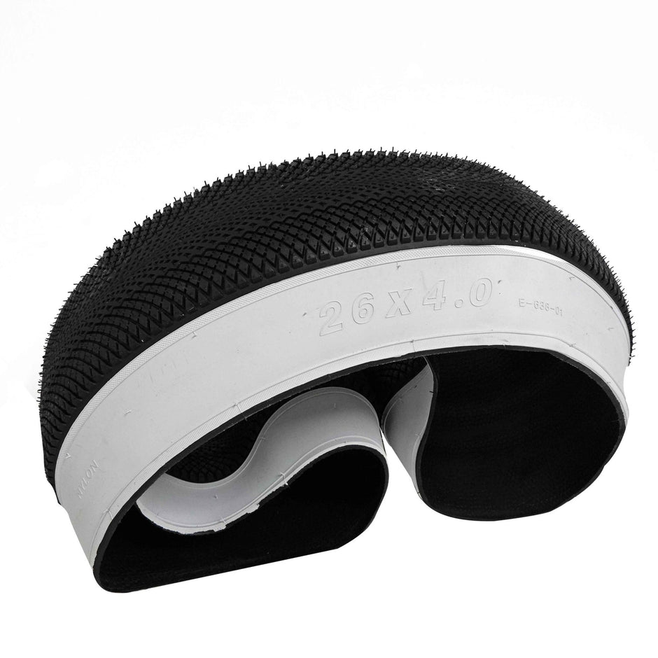Vee Tire Co. E-Speedster white wall fat e-bike tire folded, showing the foldable bead