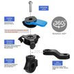Exploded diagram of the twist-lock phone mount: locking head, unlocking screw, vibration dampers, handlebar mount, 360 degree rotation