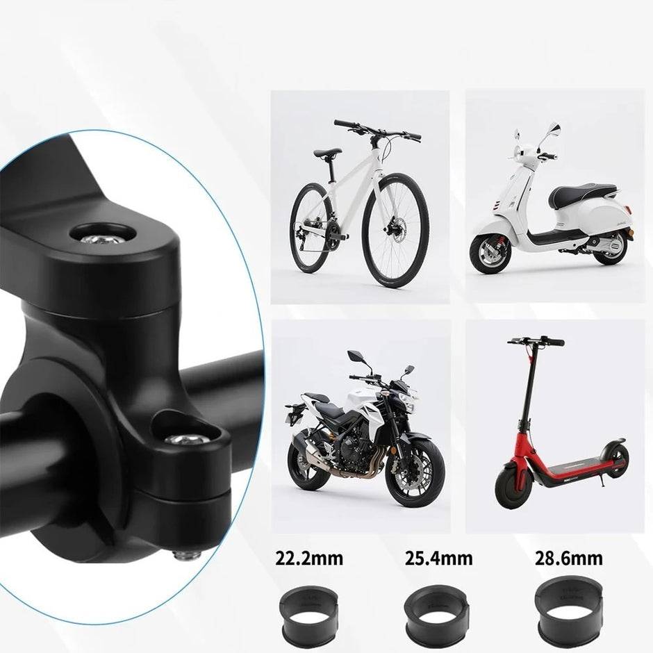 Handlebar shims in 22.2mm, 25.4mm and 28.6mm so the phone mount fits bicycles, scooters and motorcycles
