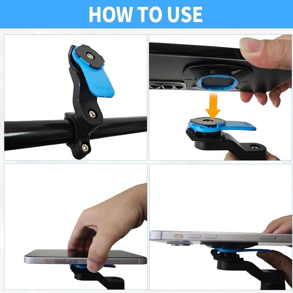 How to use the twist-lock phone holder: twist the phone on to lock, press the release button to take it off