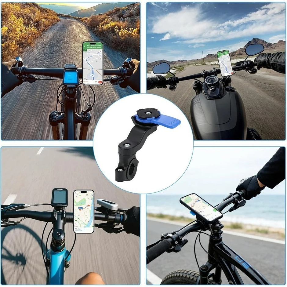 Riders using the twist-lock phone holder on bike handlebars for navigation, lifestyle collage