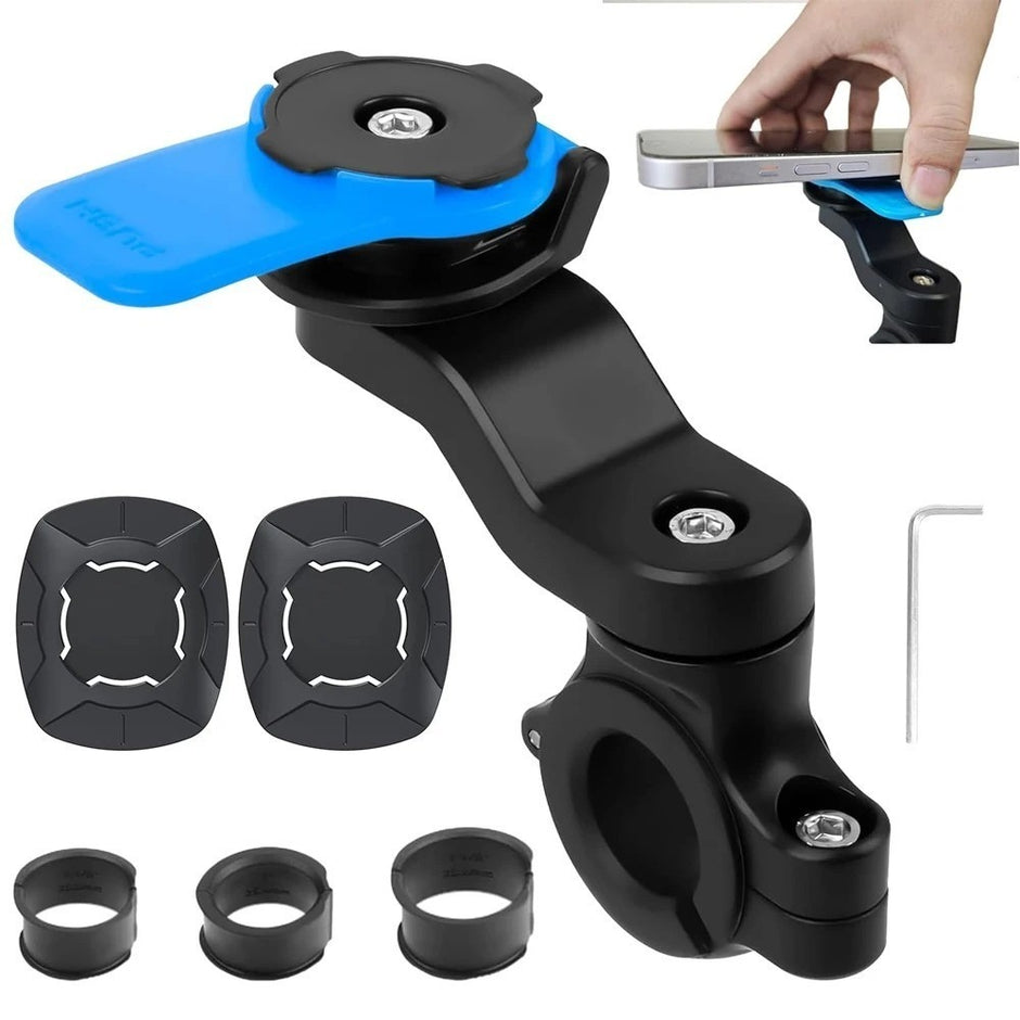 Universal twist-lock phone holder kit on white background: mount, push-button head, 2 phone patches, 3 handlebar shims and hex key