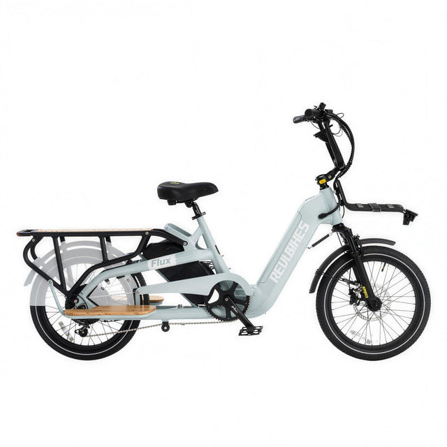 Revi Flux longtail cargo e-bike in Grey, side view on white background