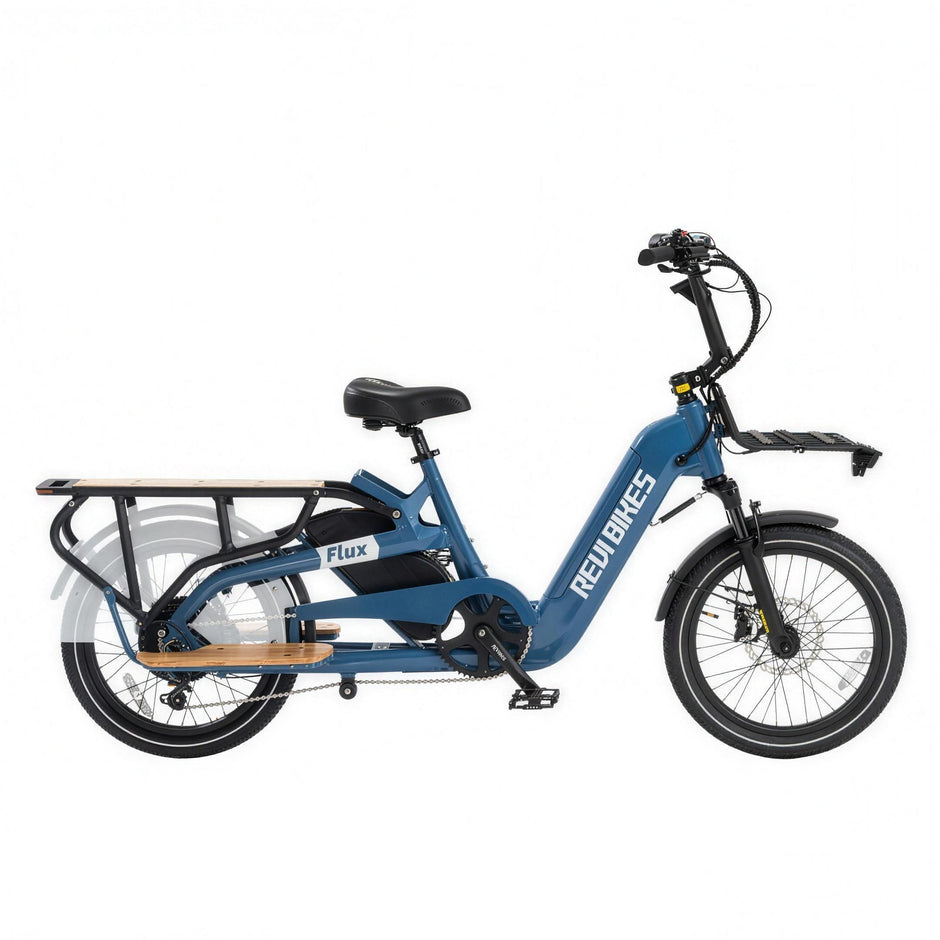 Revi Flux longtail cargo e-bike in Navy, side view on white background