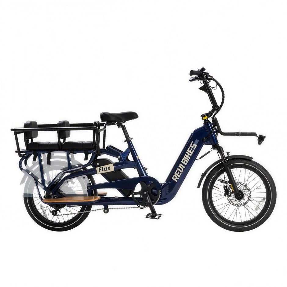 Revi Flux cargo electric bike in Nebula blue with passenger seat pads, side view on white background
