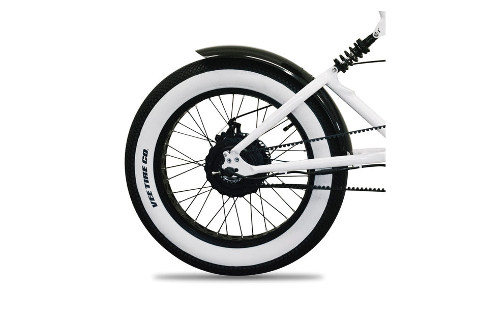 Vee Tire Co. E-Speedster white wall fat tire mounted on an e-bike rear wheel with the Vee Tire Co. sidewall branding