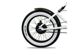 Vee Tire Co. E-Speedster white wall fat tire mounted on an e-bike rear wheel with the Vee Tire Co. sidewall branding