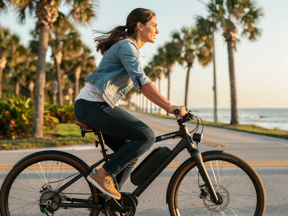 Woman commuting on a cafe racer style e-bike with the ZOOM suspension seatpost under the saddle