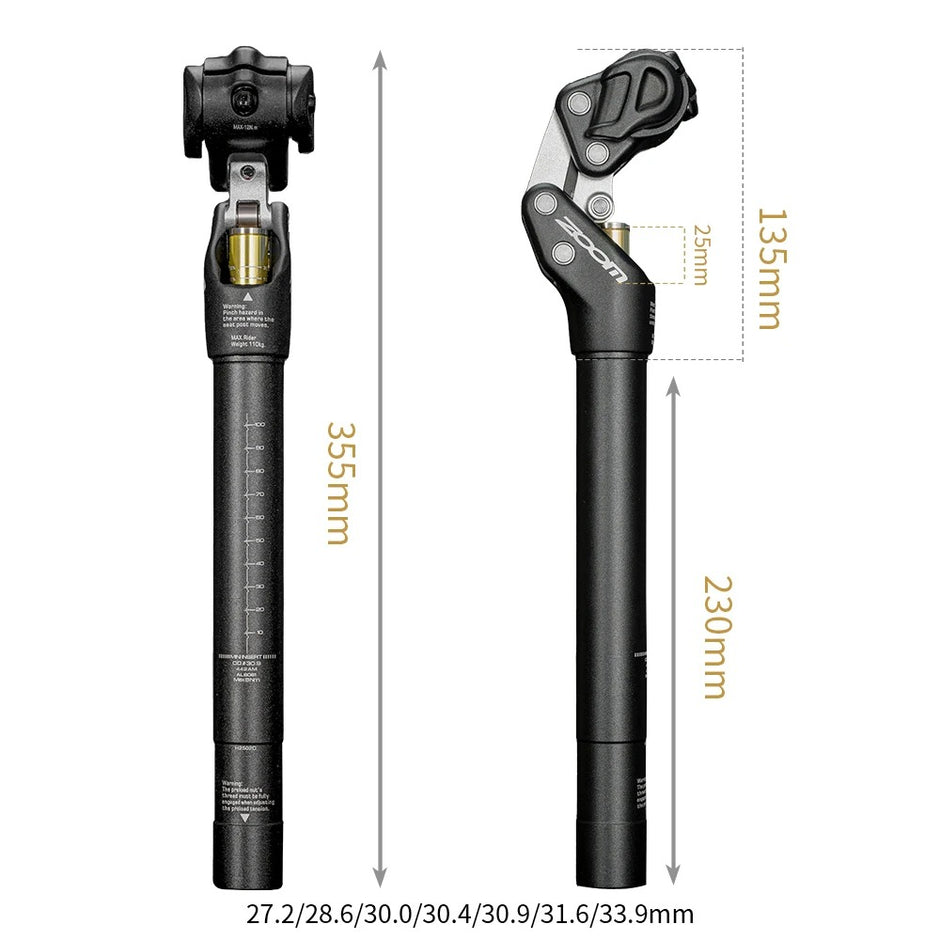 ZOOM shock-absorbing seatpost dimensions: 355mm length, 230mm insertion, 25mm offset suspension head