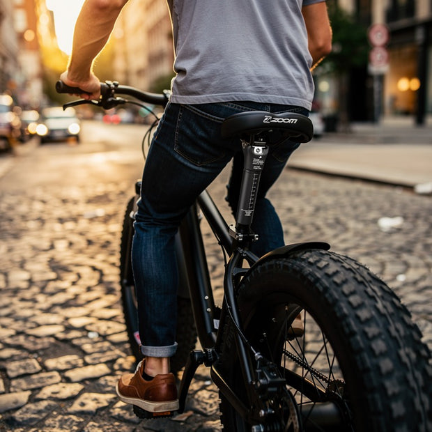Rider crossing rough cobblestones on a fat tire e-bike with the ZOOM shock-absorbing seatpost compressing under the saddle