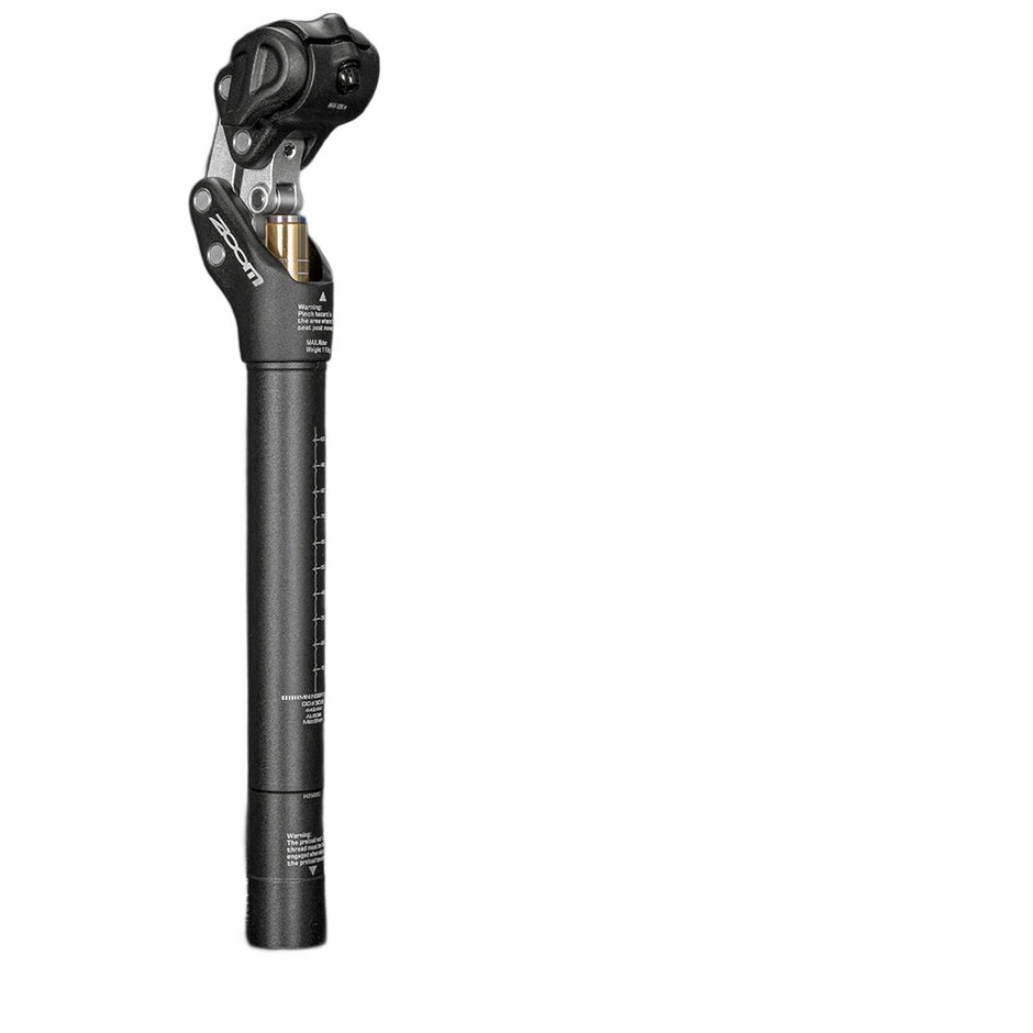 ZOOM e-bike shock-absorbing suspension seatpost on white background, parallel linkage head and 6061 aluminum body
