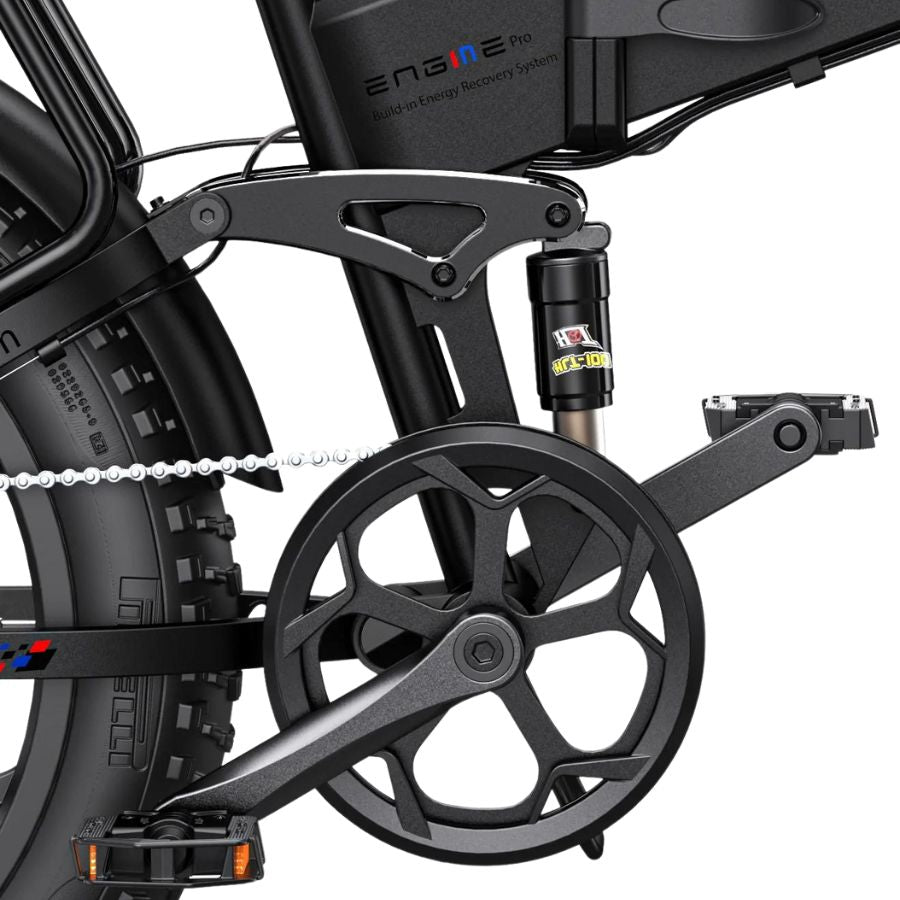 EBike with foldable pedals and fully adjustable shocks