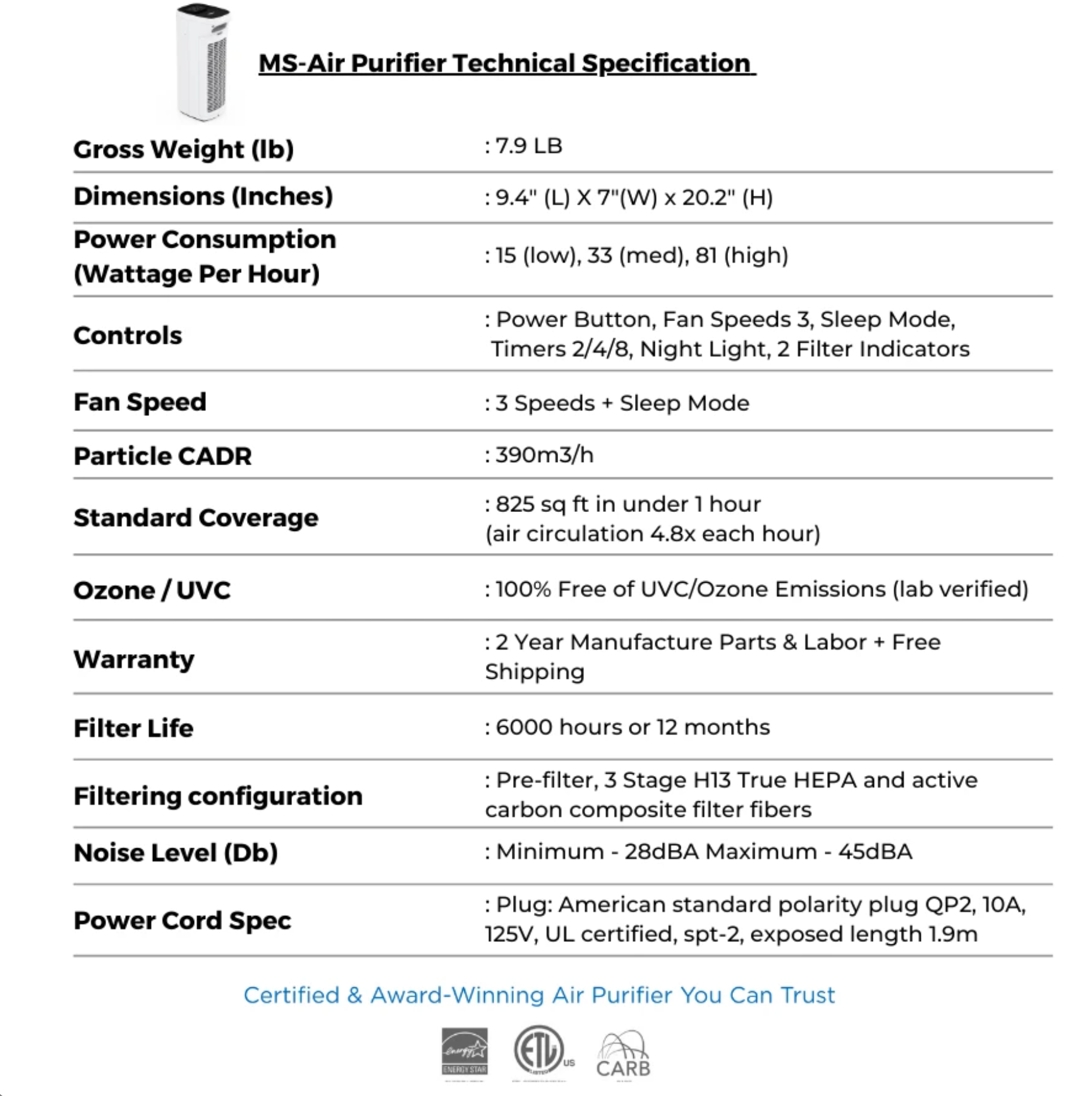 MS18 Air Purifier Technical Specification